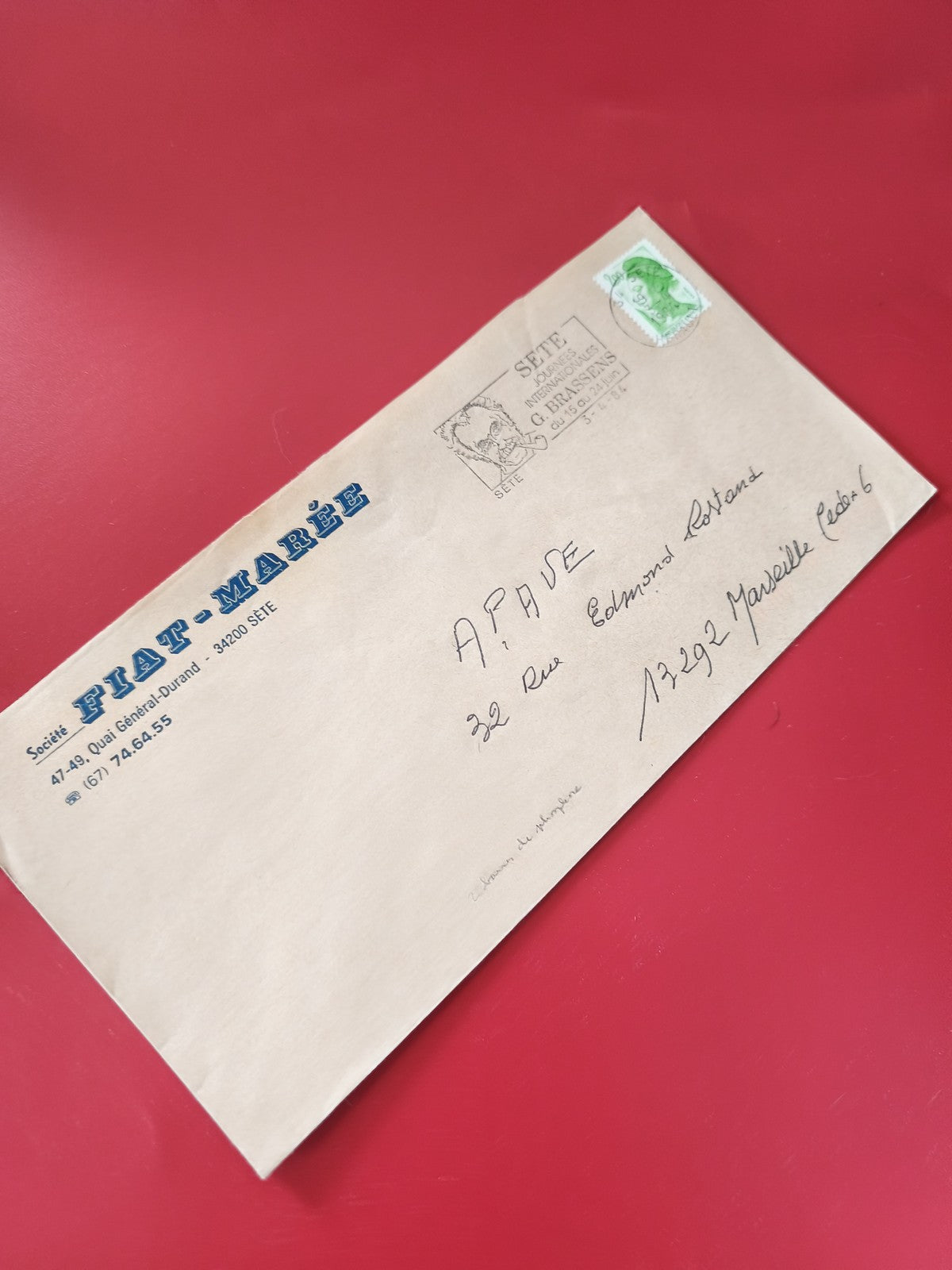 Enveloppe philatélie oblitérée FIAT-MARÉE Sète, timbre vert, adresse manuscrite