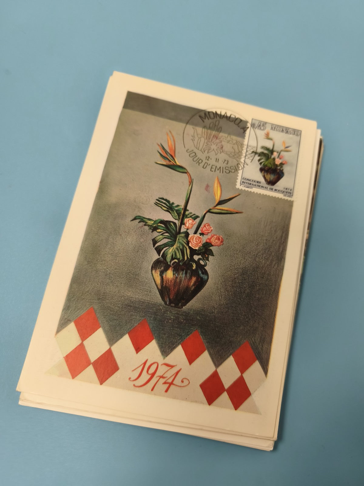 Carte postale Monaco 1974 timbre concours bouquets fleurs oblitérée philatélie