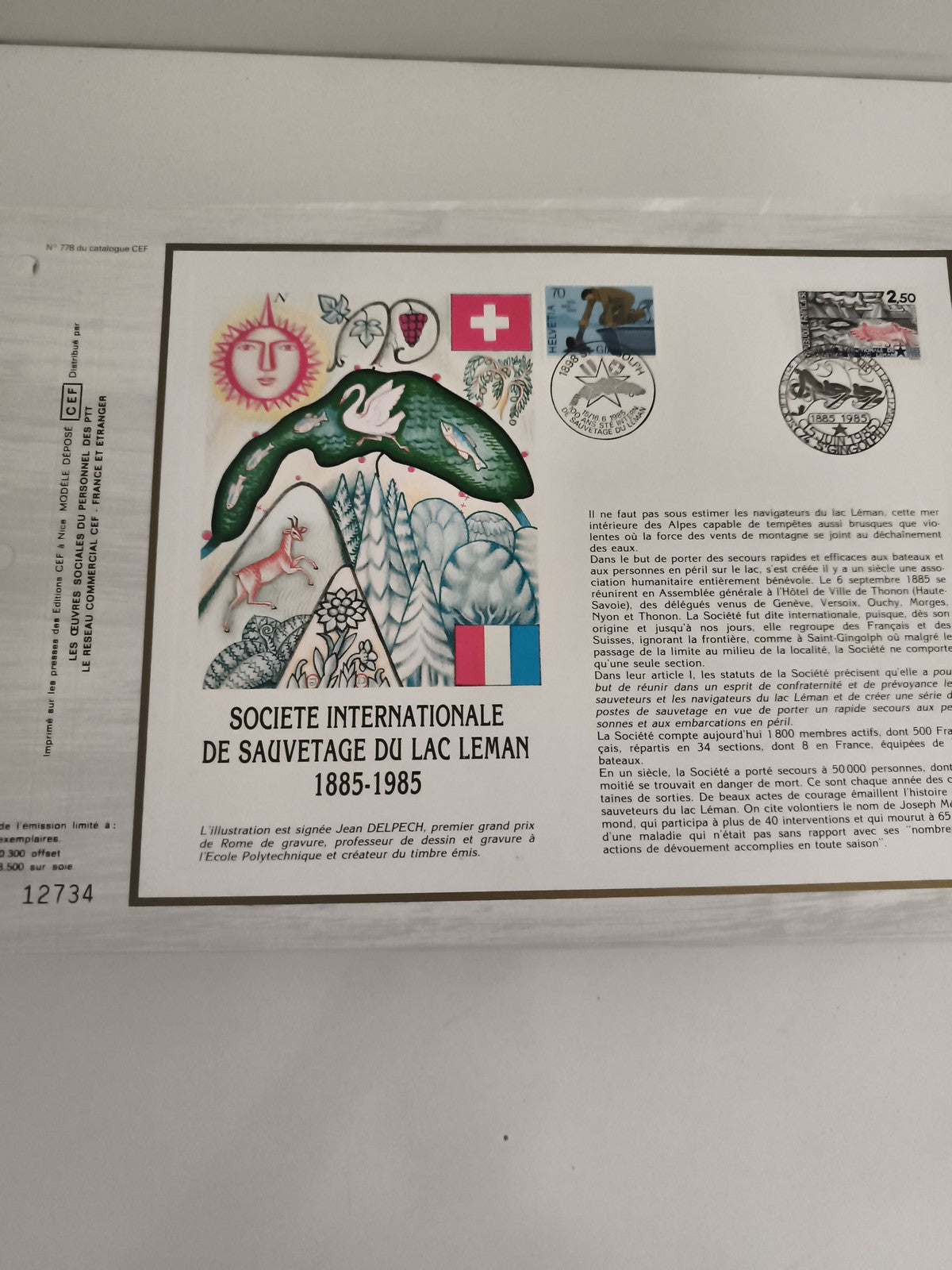 Feuillet CEF Société Sauvetage Lac Léman 1885-1985 timbres Suisse France