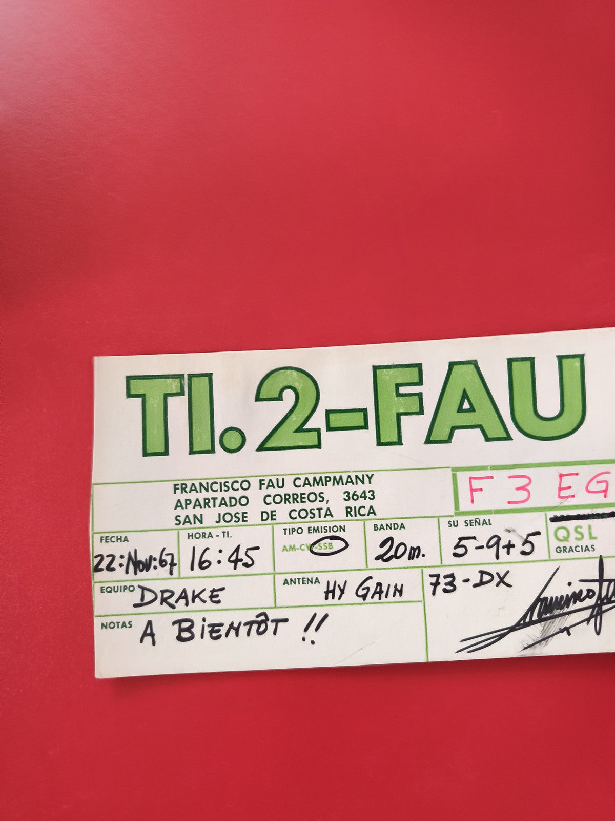 Carte radio QSL TI.2-FAU Costa Rica radioamateur 1967 Drake 20m SSB visuel