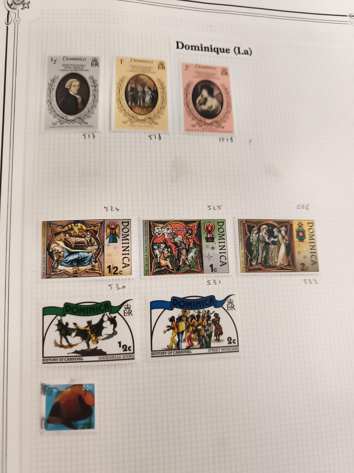 Timbres anciens Dominica thématique art carnaval faune lot 9 pièces vintage