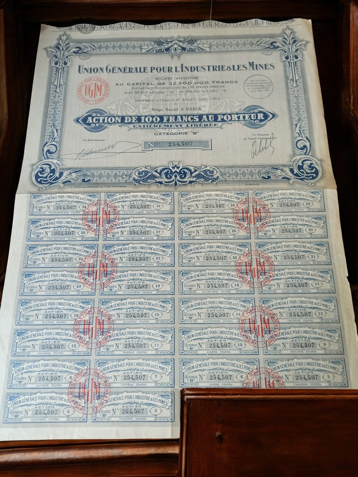 Action au porteur 100 francs Union Générale Industrie Mines vintage 1920s