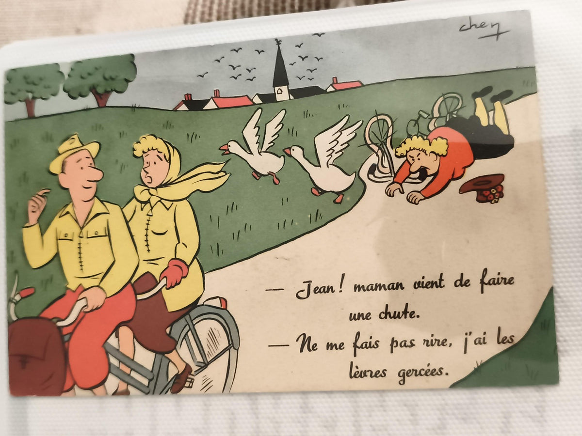 Carte postale ancienne humour cyclistes campagne dessin signé Chey CPA rétro