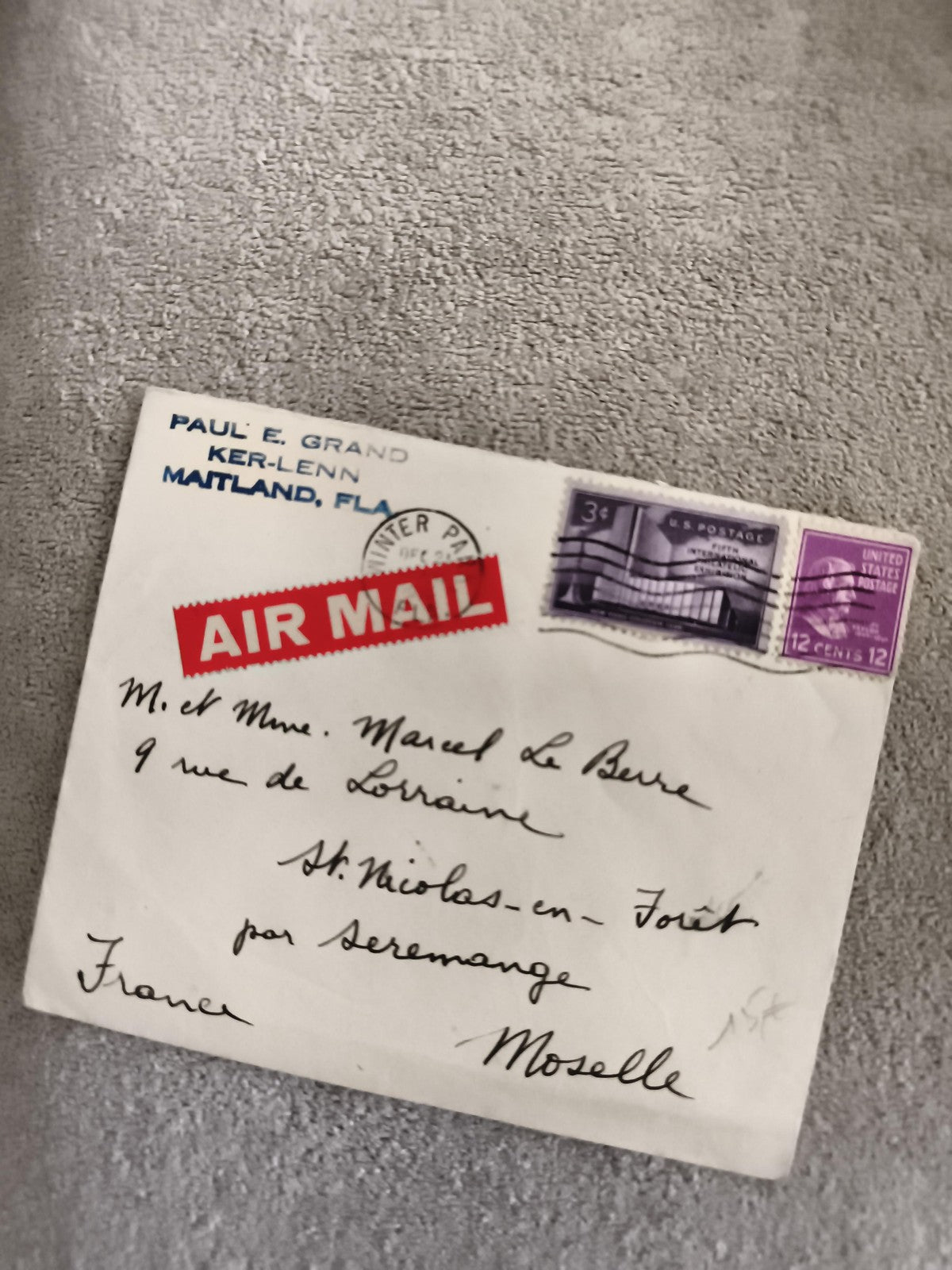 Lettre affranchie USA Air Mail timbres 3c 12c cachet Winter Park philatélie