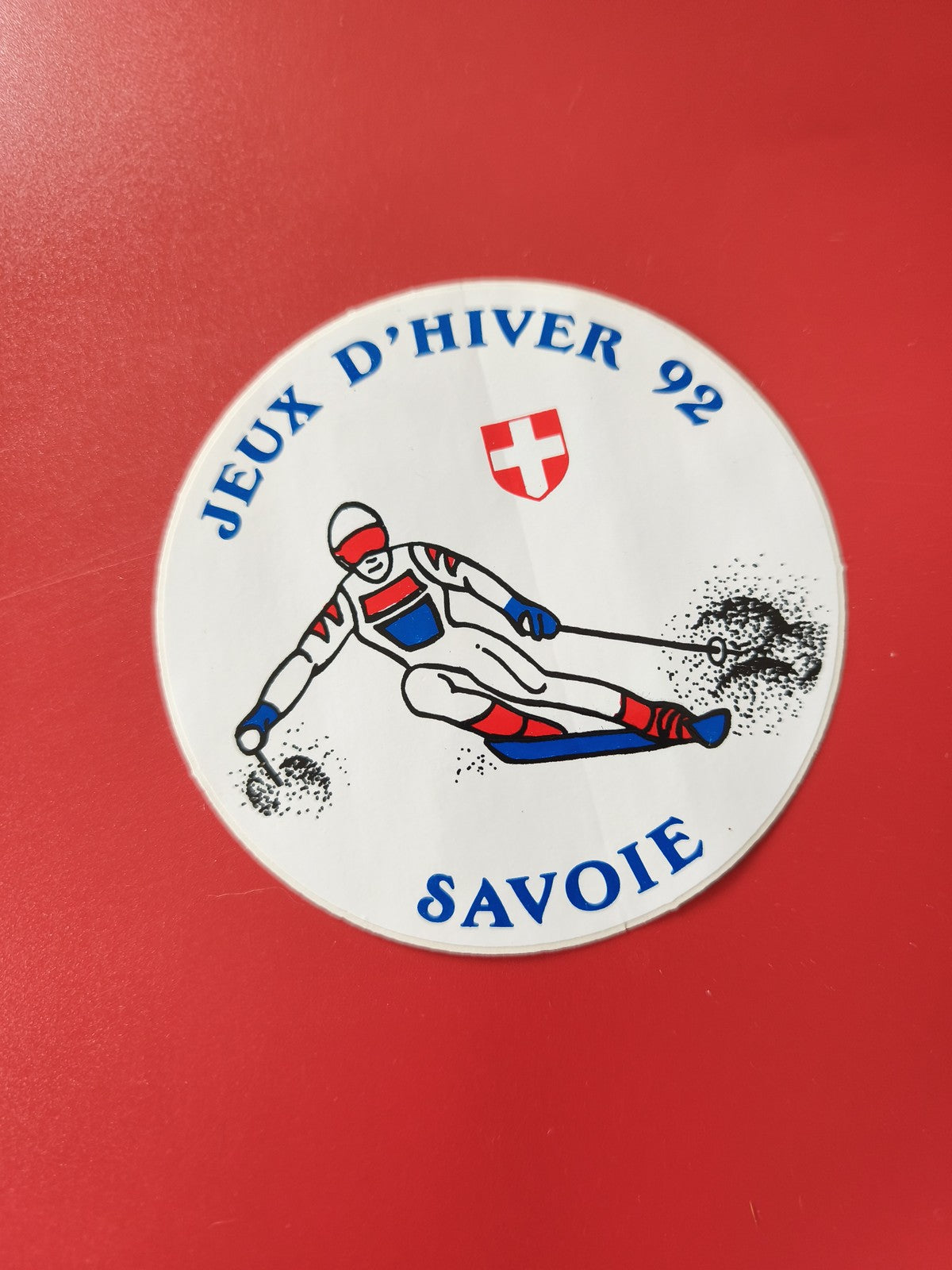 Autocollant Jeux d?Hiver 92 Savoie ski alpin sportif rond blanc rouge bleu