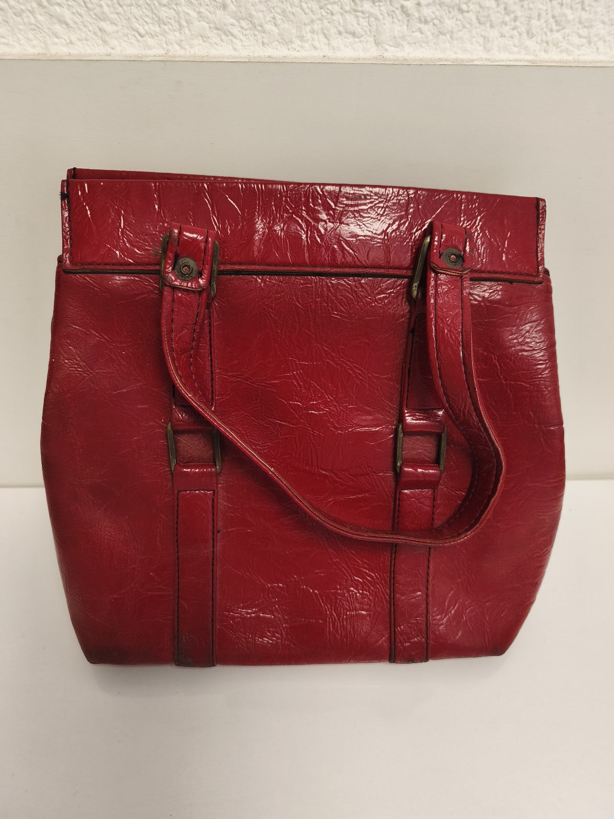 Sac à main ancien rouge cuir vintage, sac cabas rétro femme