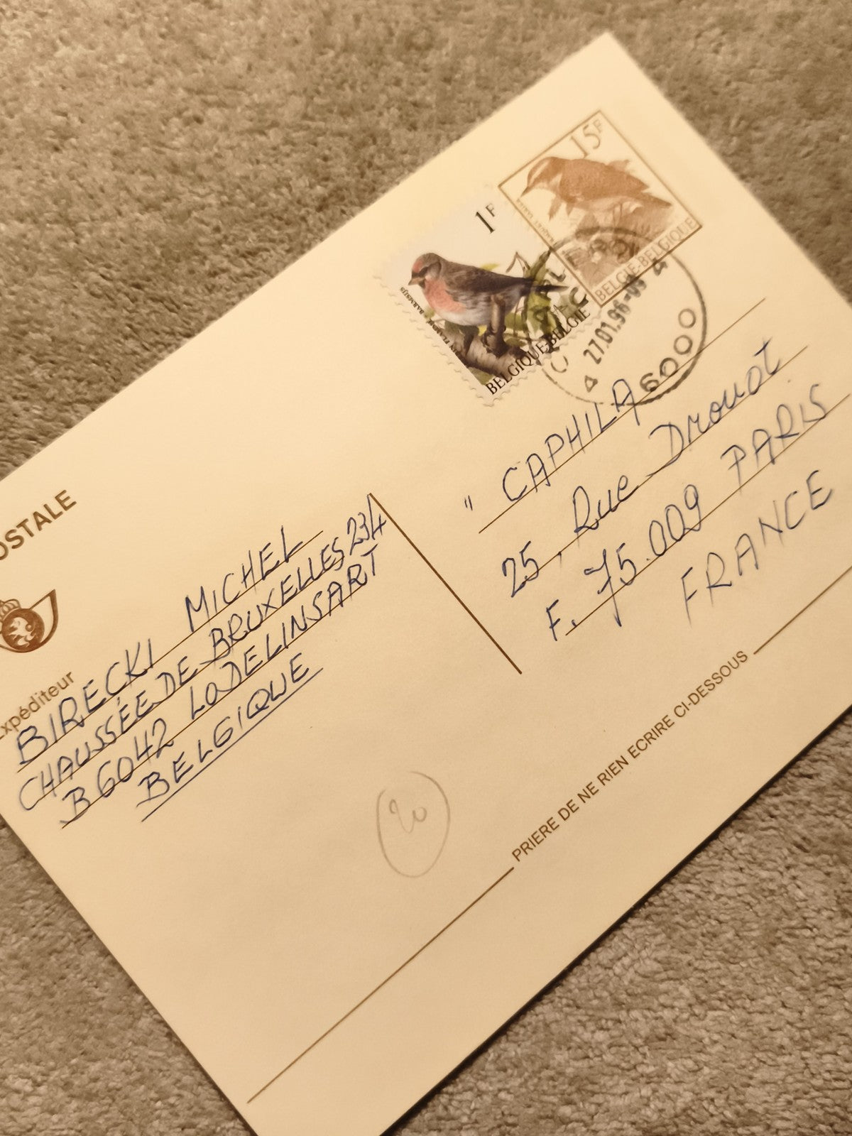 Carte postale Belgique affranchie oiseaux, timbres philatélie (Ref 8)