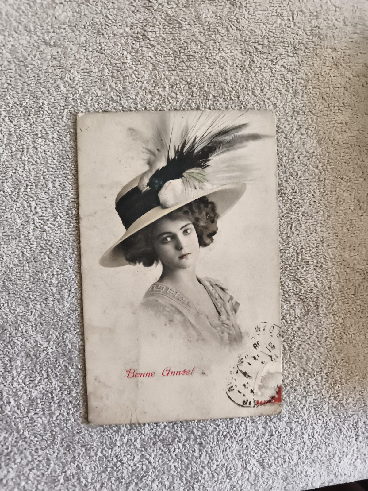 CPA Bonne Année portrait femme chapeau plume carte postale photo ancienne