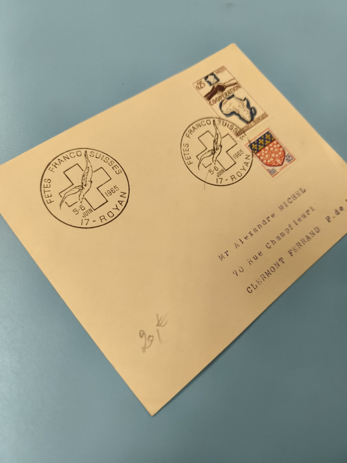Ancienne enveloppe 1965 timbres oblitérés Fêtes Franco-Suisses Royan philatélie