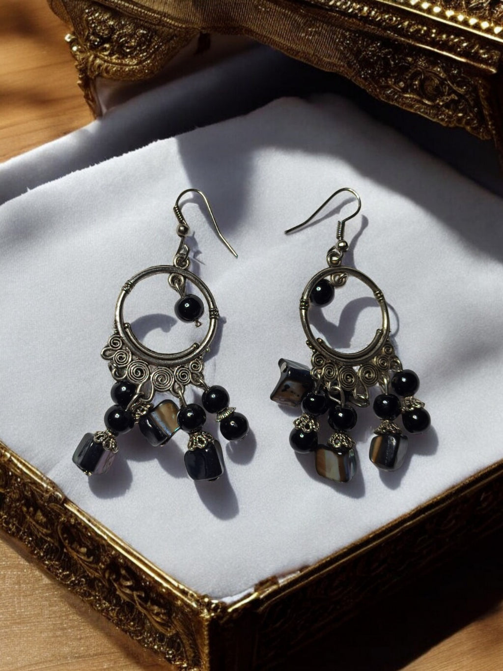 Boucles d’oreilles pendantes vintage obsidienne naturelle style bohème rétro