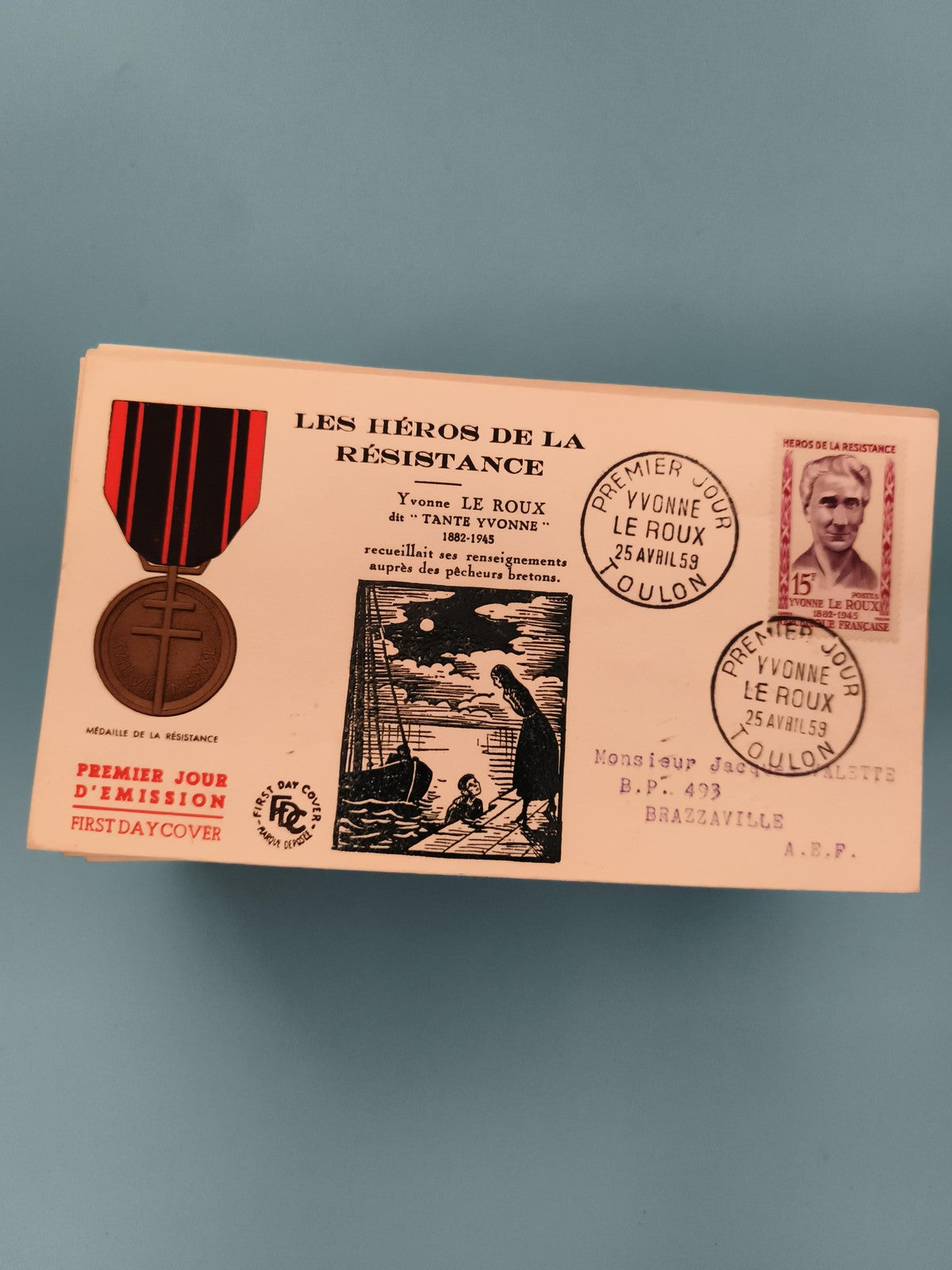 Lettre Premier Jour Héros Résistance Yvonne Le Roux 1959 philatélie FDC