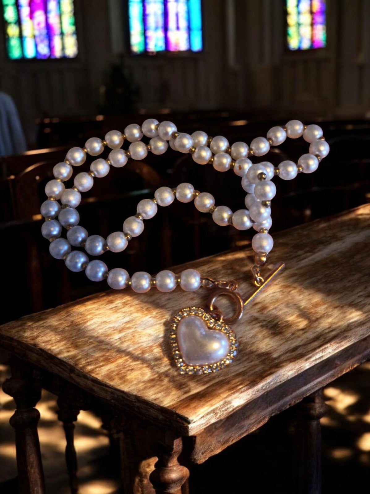 Collier perles fantaisie vintage pendentif cœur rétro chic