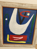 Tableau abstrait ancien signé OA peinture bleu rouge jaune encadré vintage