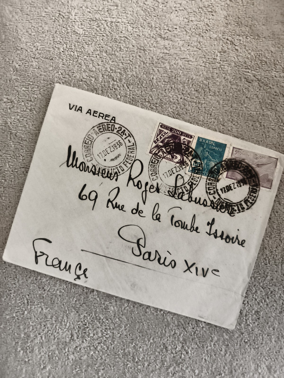 Lettre affranchie Brésil 1936 timbres oblitérés aviation philatélie Paris