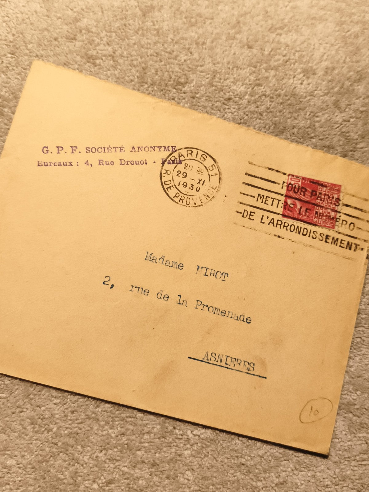 Lettre oblitérée Paris 1930 GPF Société Anonyme timbre rouge philatélie (Ref 27)