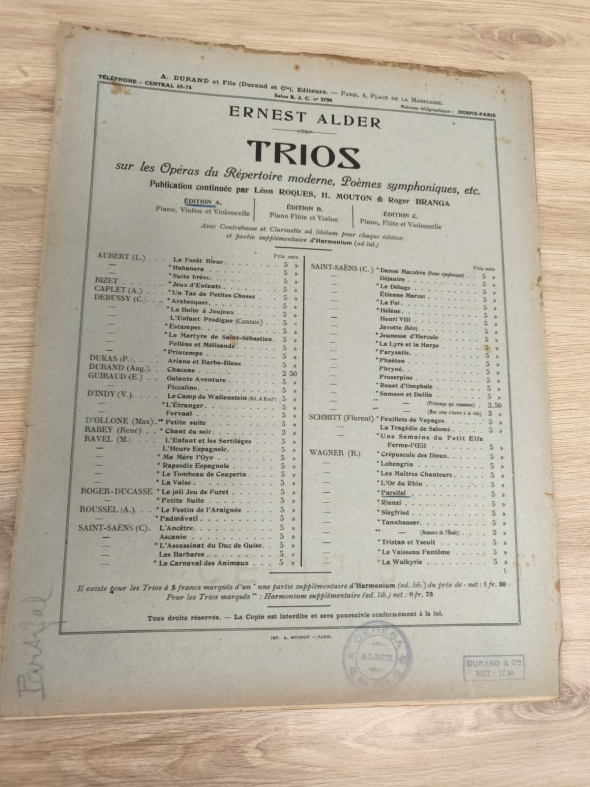 Ancien livre partitions Ernest Alder trios violon piano Durand & Cie vintage
