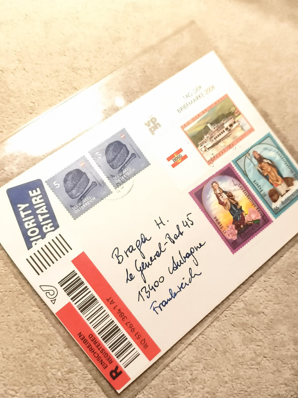 Lettre affranchie timbres Autriche 2008, cachet Tag der Briefmarke, philatélie (