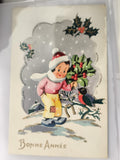 Carte postale ancienne Bonne Année hiver enfant houx oiseau vintage CPA