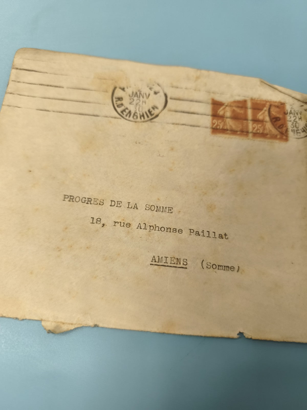 Ancienne enveloppe oblitérée début XXe, timbres 25c, Progrès de la Somme