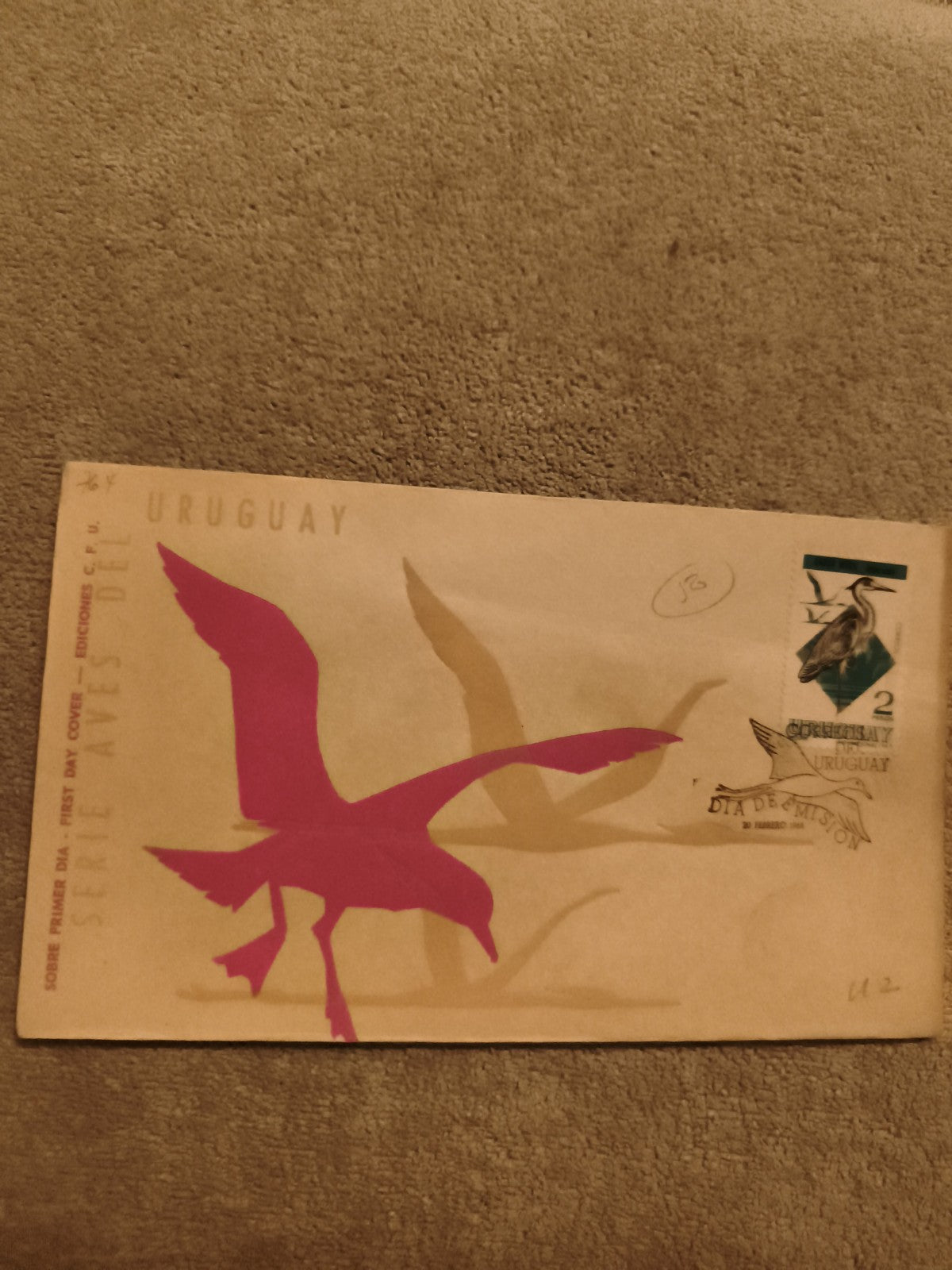 Lettre premier jour Uruguay Série Aves oiseau timbre 2c FDC philatélie (Ref 1)