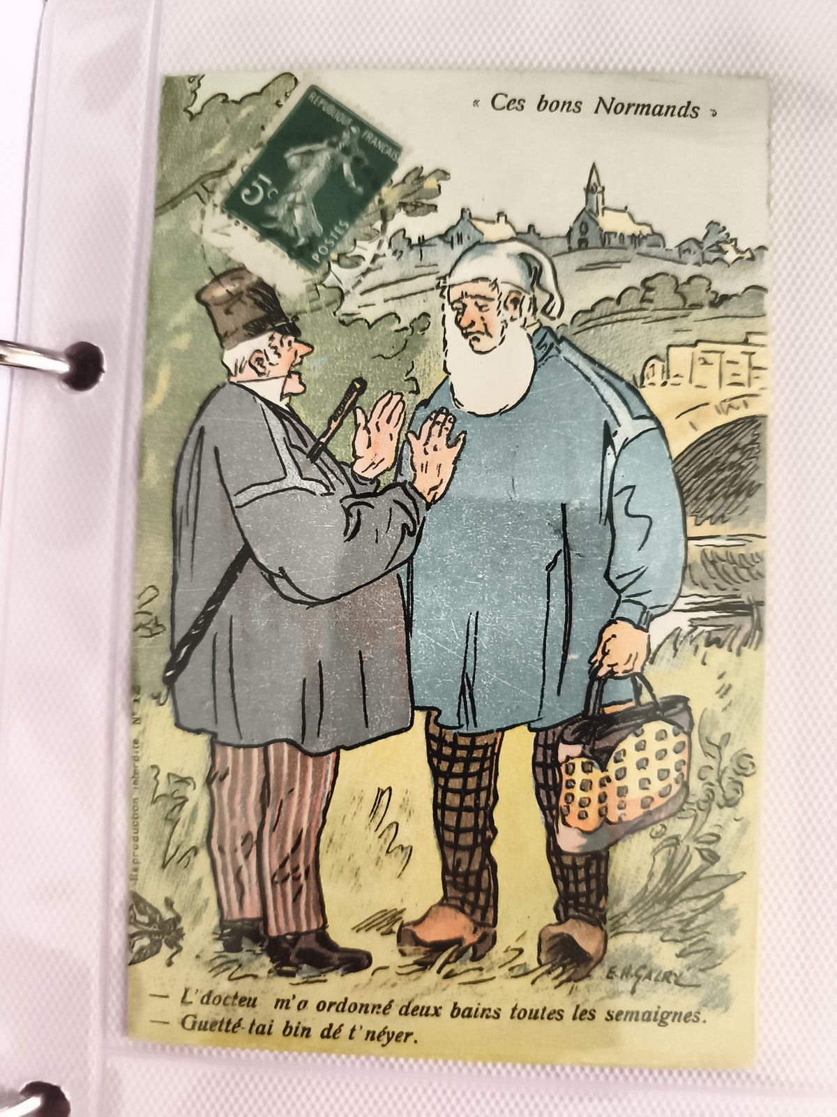 Carte postale ancienne illustrée Ces bons Normands humour timbre 5c CPA
