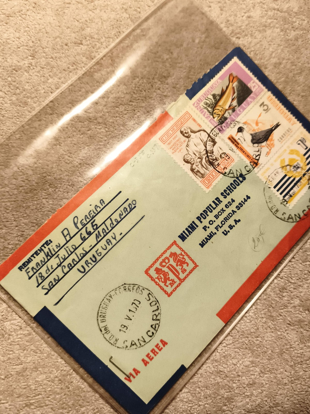 Lettre affranchie Uruguay 1973 timbres oiseaux et statue philatélie (Ref 8)