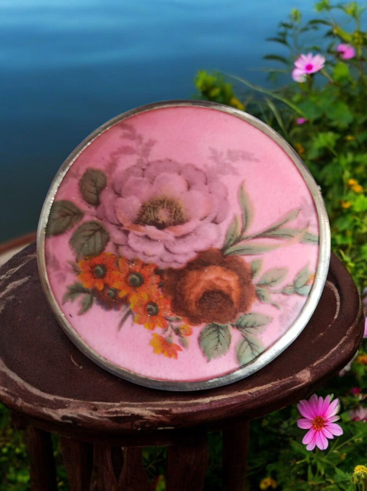 Broche vintage Michel Lebrun France ronde motif floral rose ancien