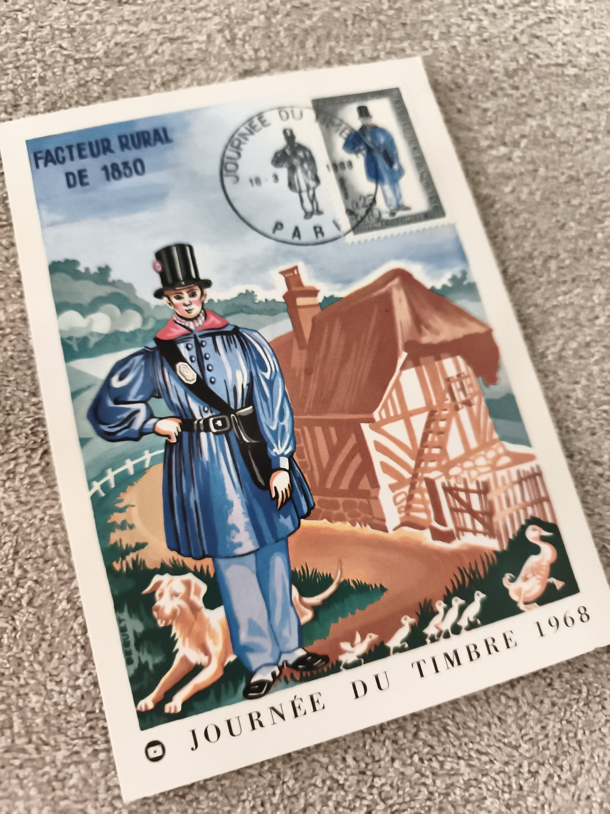 Carte postale philatélie Journée du Timbre 1968 Facteur rural de 1850 Paris