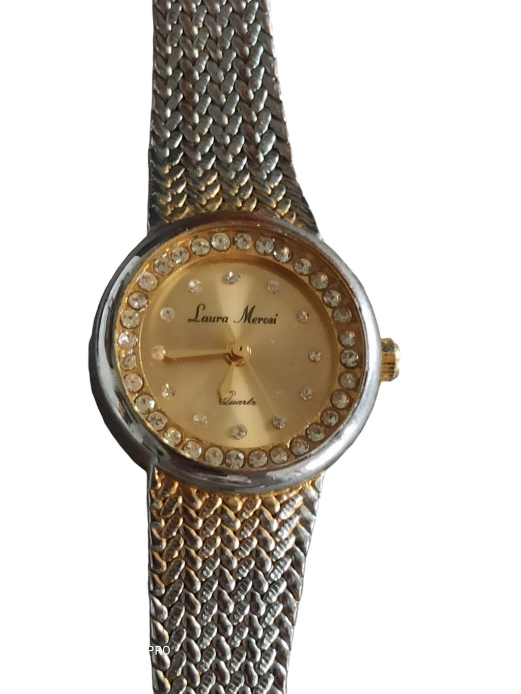 Montre vintage Laura Mérosi femme, cadran doré strass, bracelet maille métal