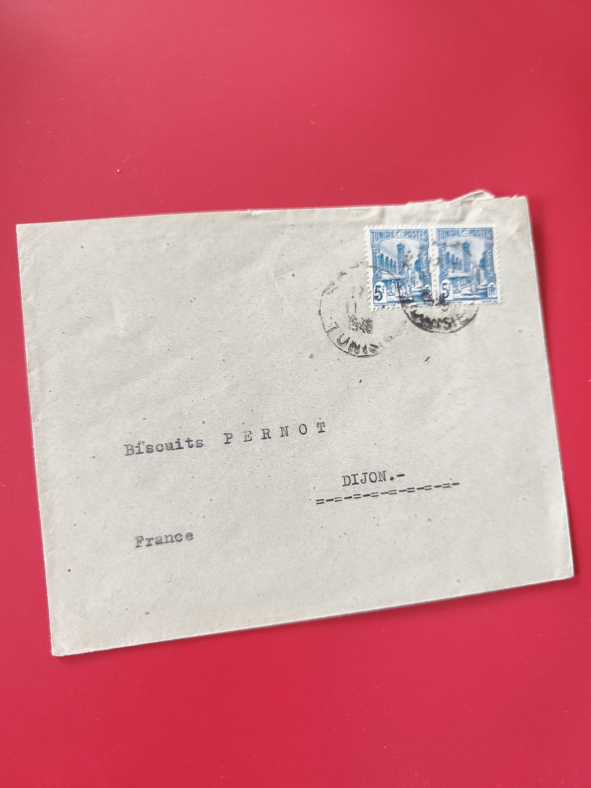 Enveloppe philatélie Biscuits Pernot avec timbres Tunisie 5F bleus
