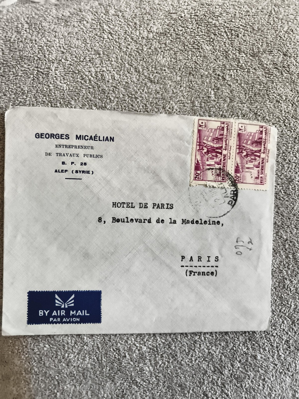 Lettre affranchie Syrie 2 timbres 20p Alep Paris cachet Georges Micaélian philat