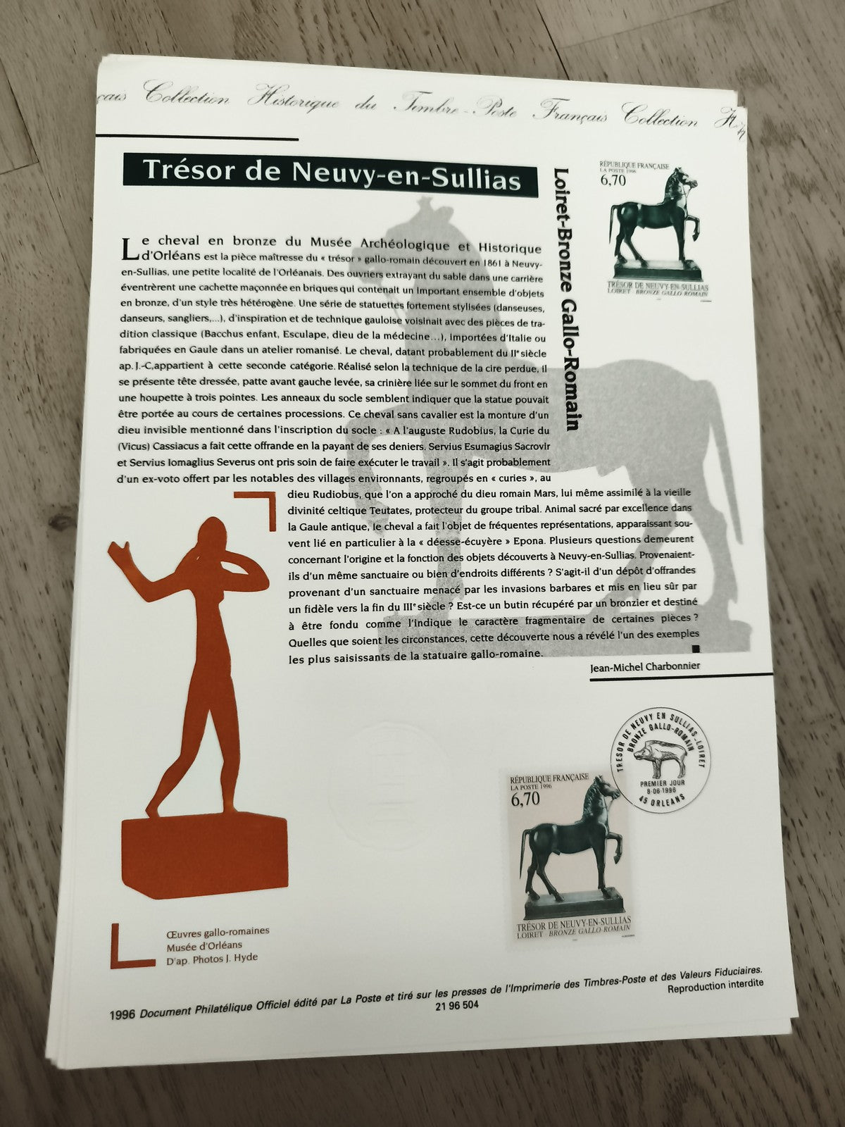 Feuillet philatélique Trésor de Neuvy-en-Sullias timbre 6,70 F bronze Loiret Gal