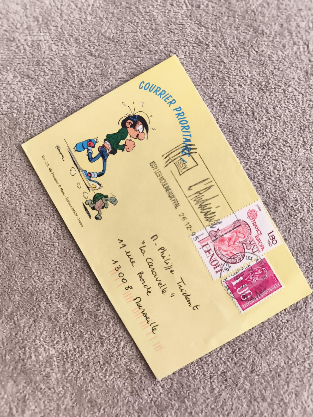Lettre illustrée Gaston Lagaffe timbres France affranchissement philatélie