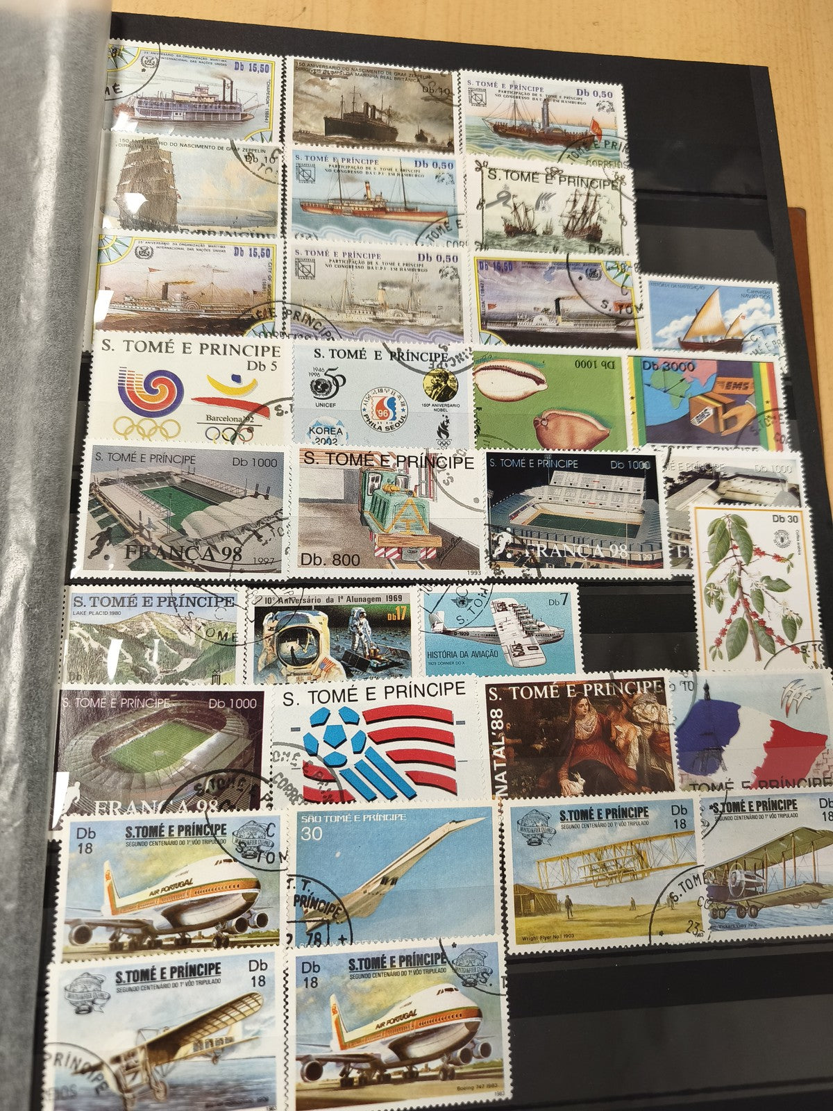 Lot timbres S. Tomé e Príncipe thématiques bateaux avions sports oblitérés