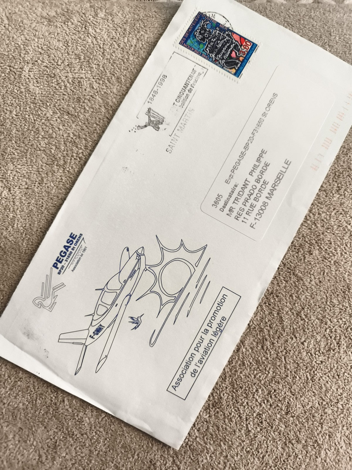 Lettre affranchie Aviation légère Pégase Marseille avion dessin philatélie