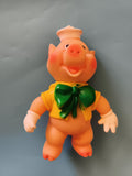 Figurine cochon ancien vintage, noeud vert, chapeau blanc, jouet déco rétro