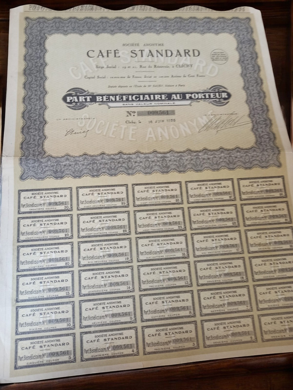 Action ancienne Café Standard part bénéficiaire années 1920 vintage document