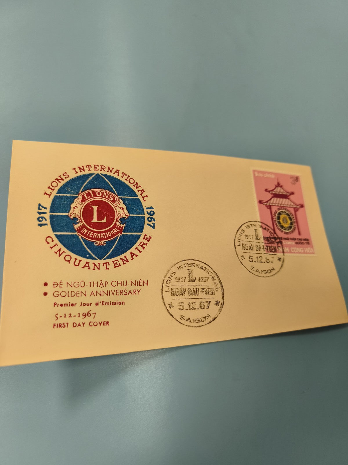 Ancienne enveloppe FDC Vietnam 1967 Lions International timbre oblitéré Saigon