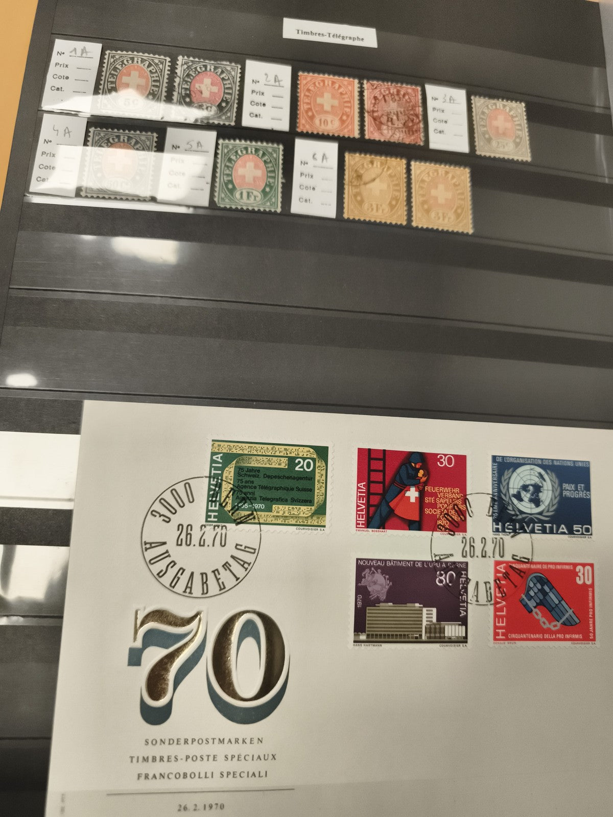 Timbres Suisse télégraphe anciens + enveloppe 1er jour 1970 Helvetia