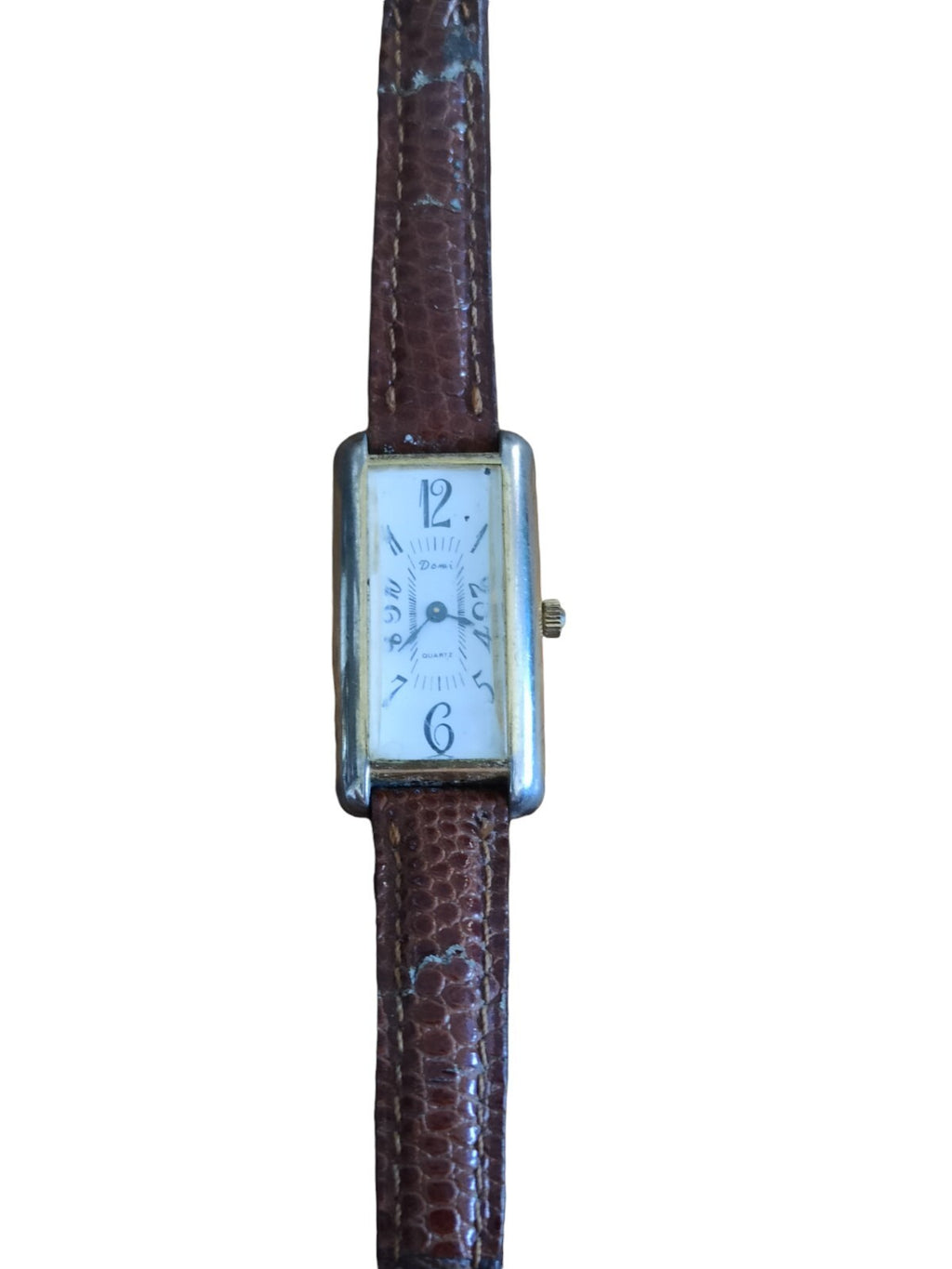 Montre vintage Domi quartz rectangulaire cadran blanc bracelet brun élégant