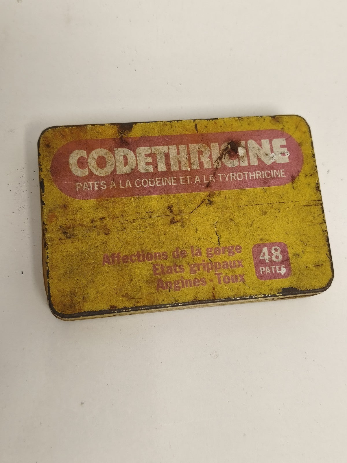 Boîte publicitaire ancienne Codethricine métal jaune pastilles vintage