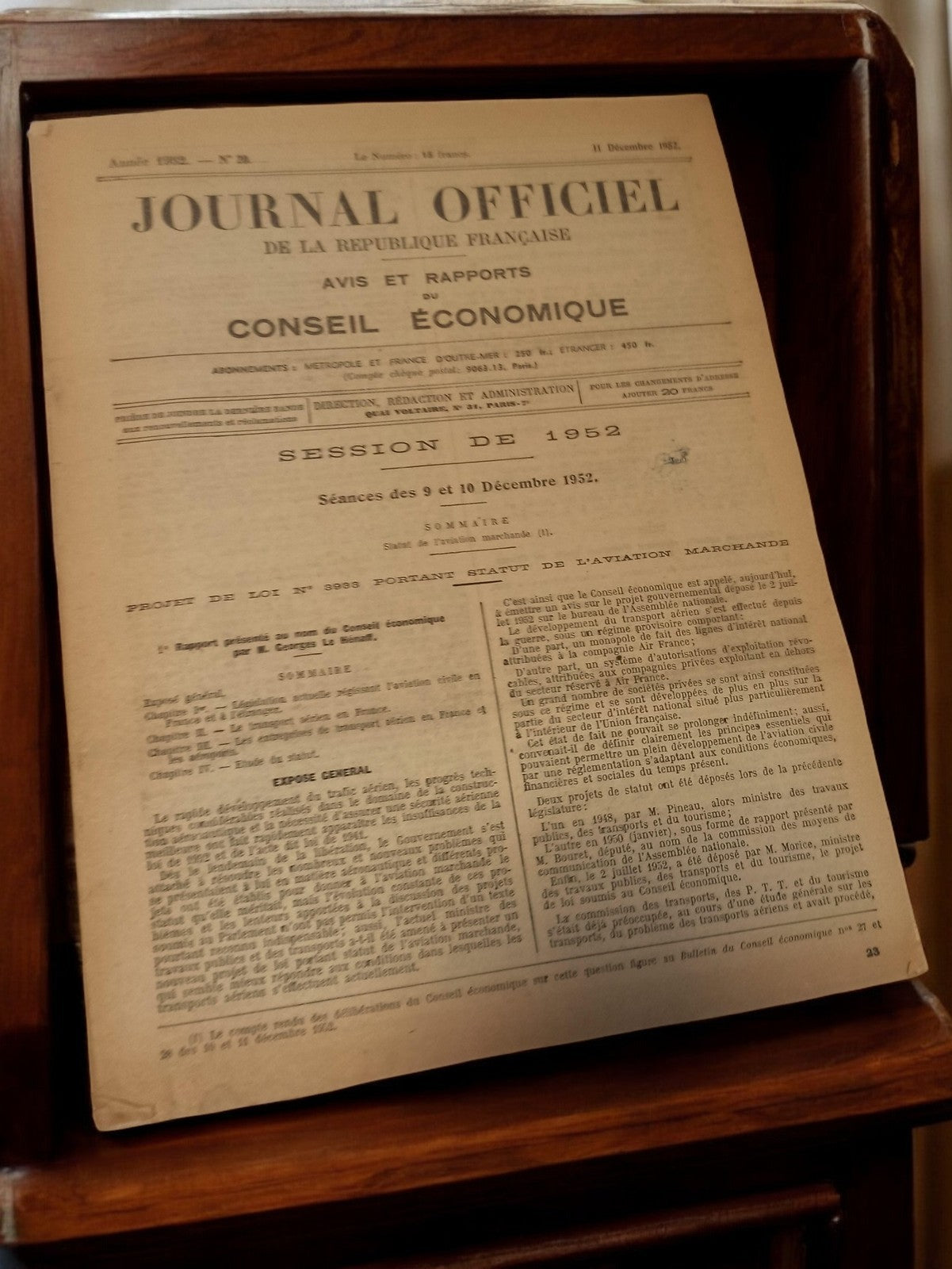 Journal Officiel Conseil Économique 1952 document ancien vintage rétro