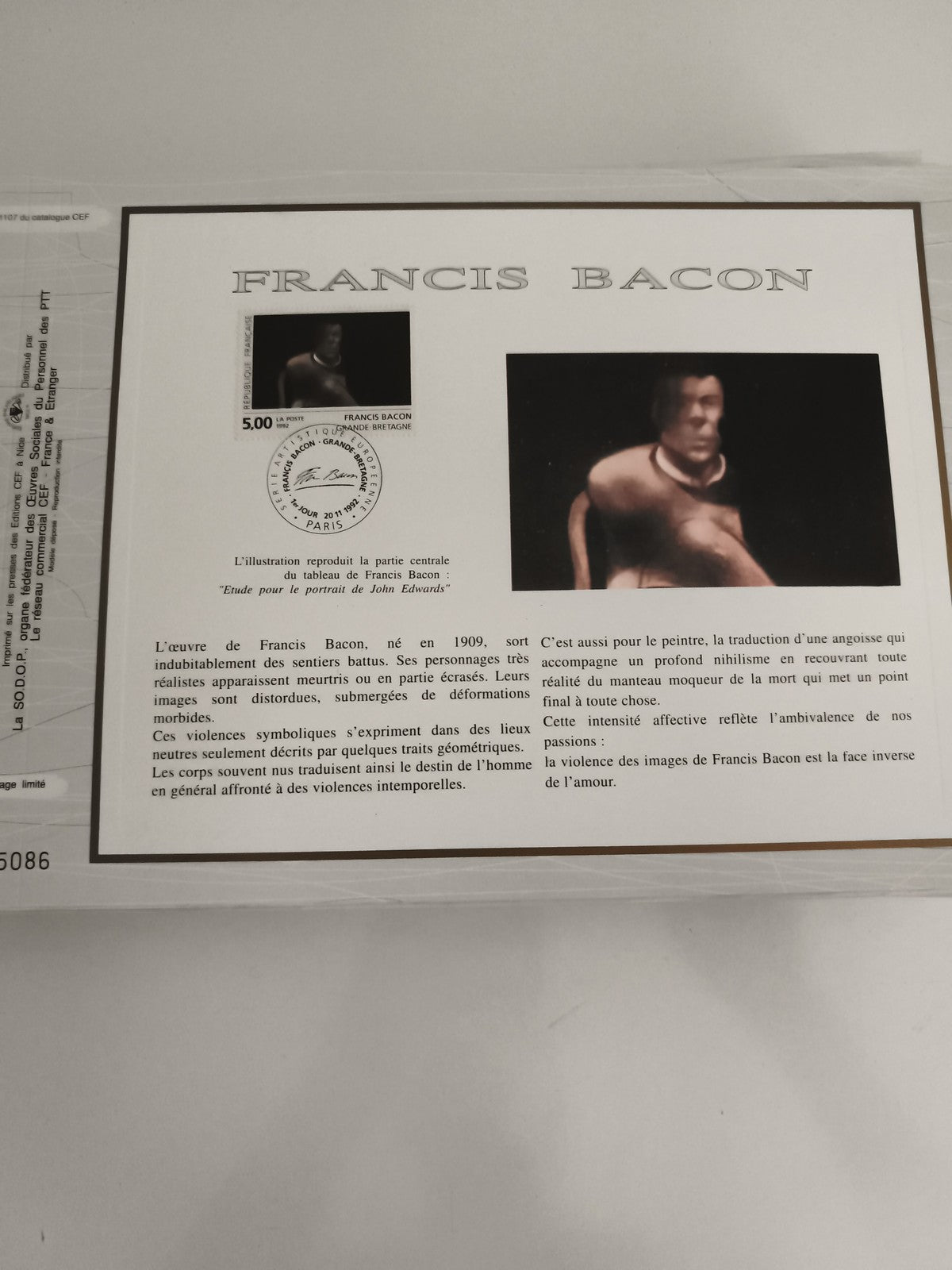 Feuillet CEF Francis Bacon timbre 5F 1996 oblitéré tableau philatélie France