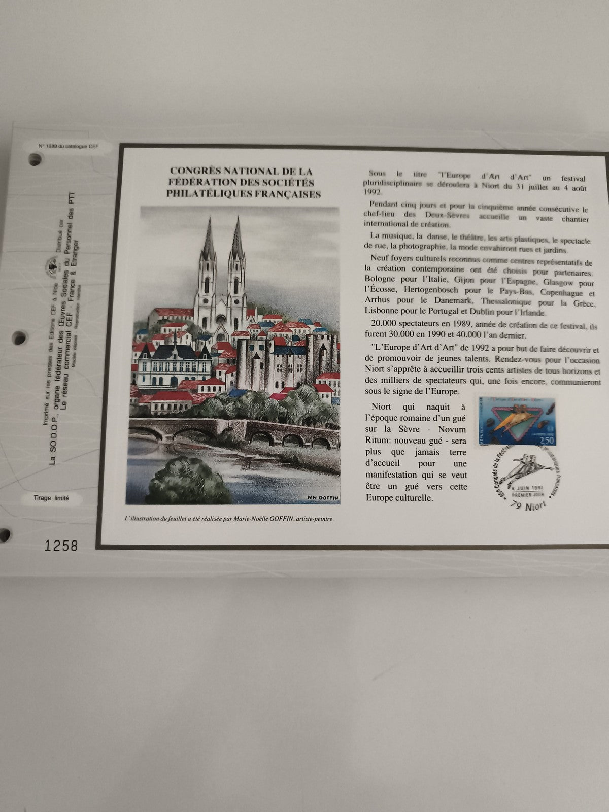Feuillet CEF Congrès Philatélique Niort 1992 timbre 2,50 F illustration Goffin