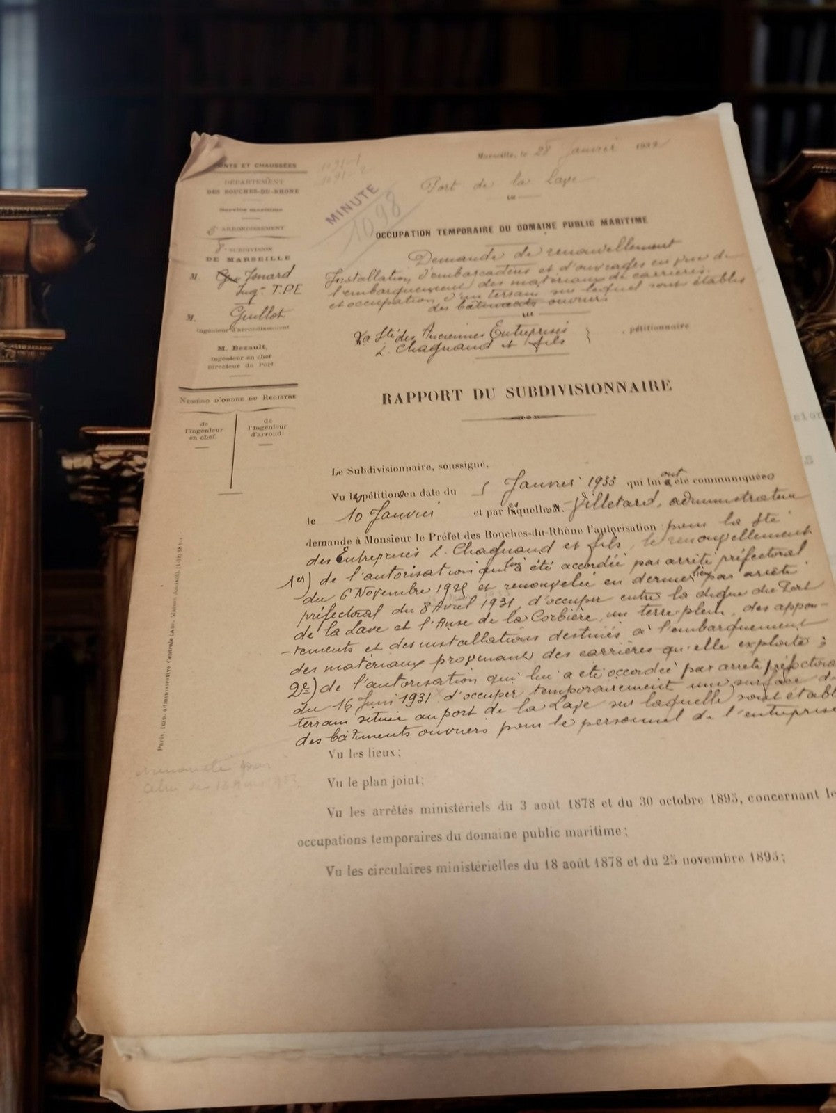 Document administratif ancien Marseille Port 1933 rapport domaine maritime vinta