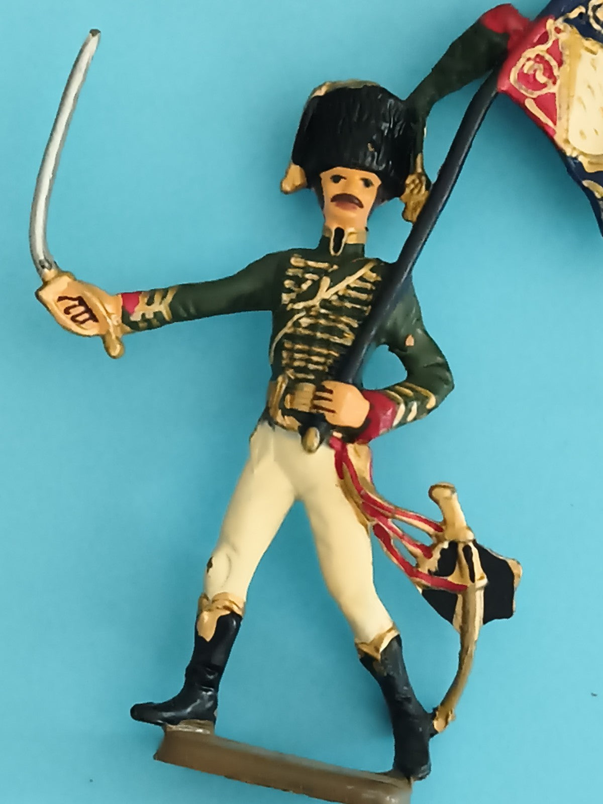 Figurine soldat plomb napoléonien porte-drapeau uniforme vert ancien vintage