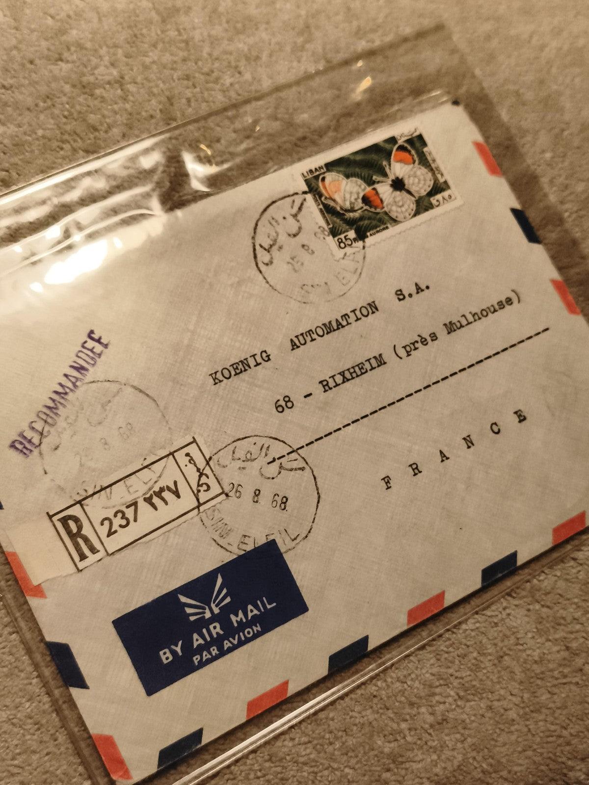 Lettre recommandée Liban 1968 timbre papillon Koenig Automation Mulhouse