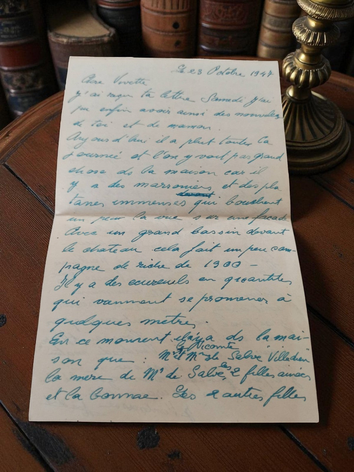 Lettre manuscrite ancienne 1947 vintage bleu adressée Vivette post WWII