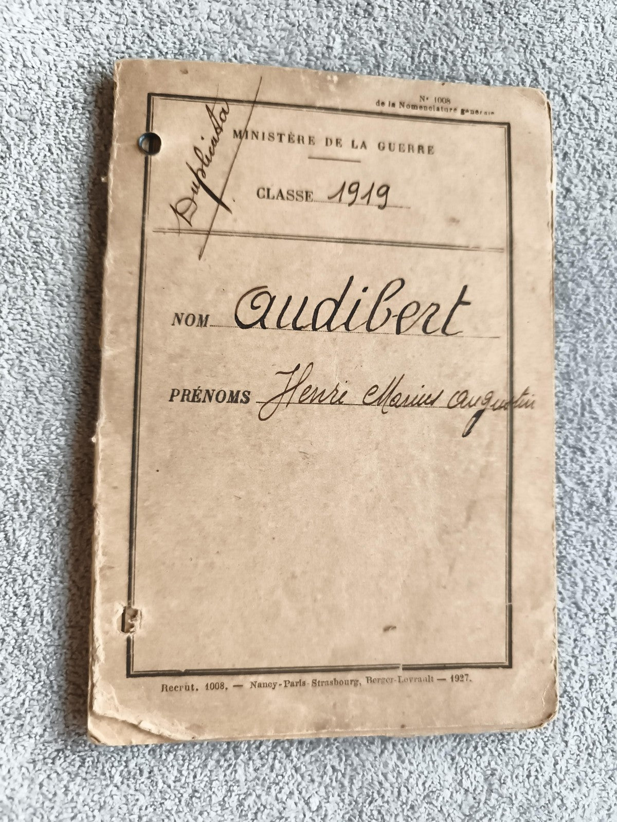 Livret militaire ancien 1919 Ministère Guerre duplicata Audibert document