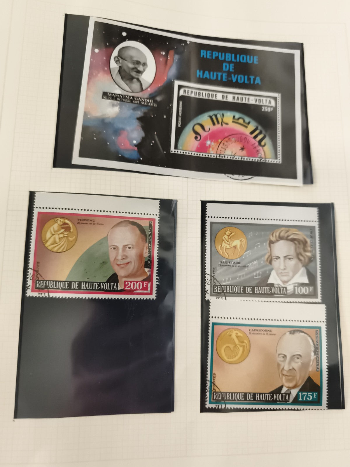 Timbres Haute-Volta Gandhi astronautes signes astrologiques oblitérés philatélie